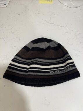 The North Face Striped Knit Beanie in Black, Brown & Gray